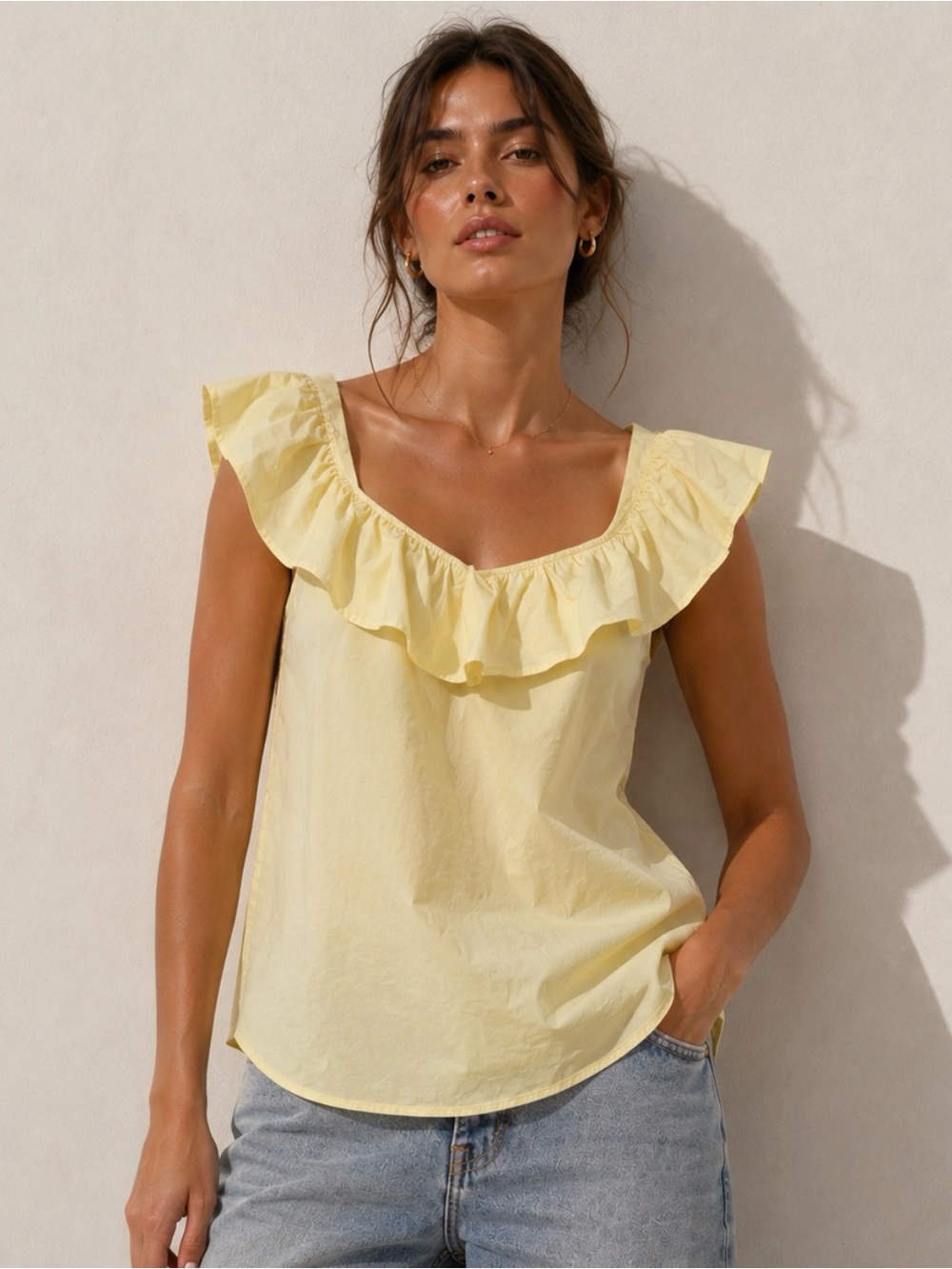 Zara Pale Yellow Ruffle-Trim Tank Top